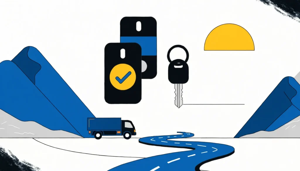 Illustrasjon av to mobiltelefoner med godkjent-hake ved siden av bilnøkler