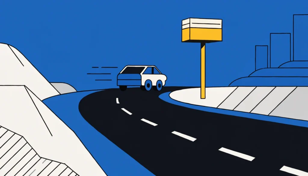 Illustrasjon av et fotoboksskap ved motorveien og en bil som passerer
