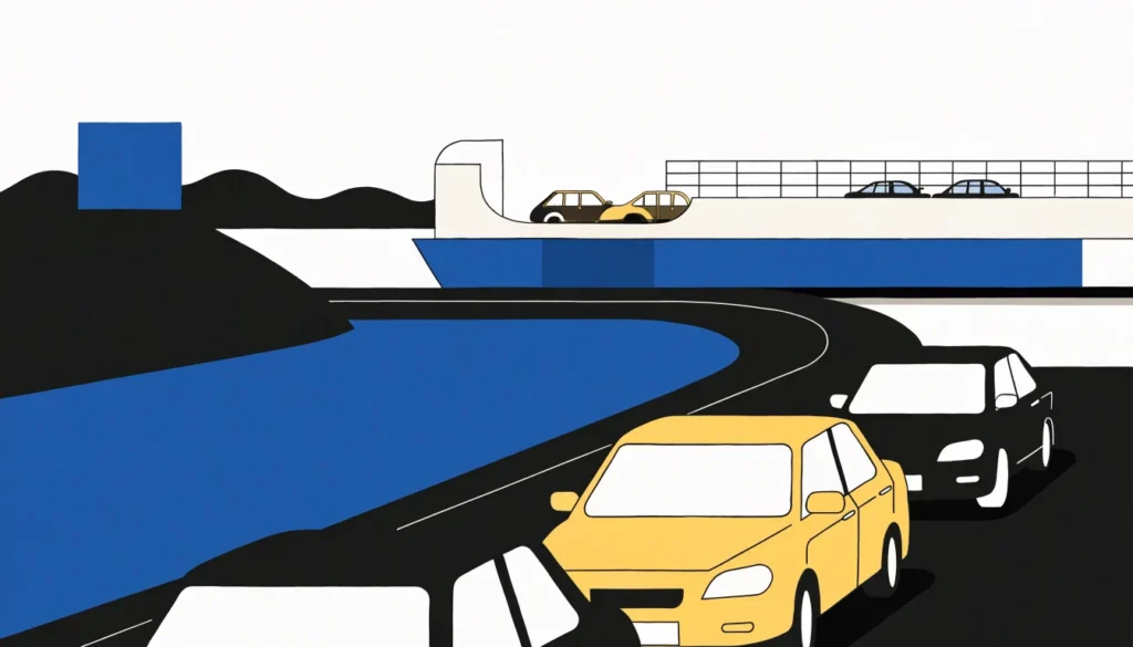 Illustrasjon av biler i kø for å kjøre om bord på en ferje ved et ferjeleie