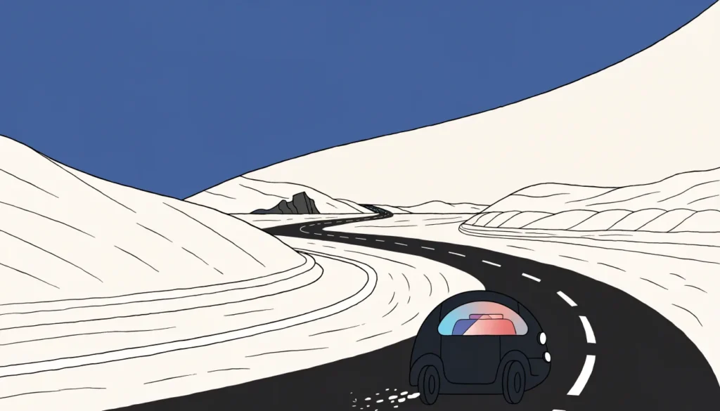 Illustrasjon av en elbil på en lang vintervei over en snødekt fjellslette